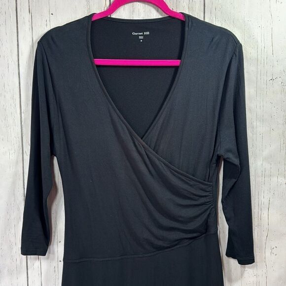 Garnet Hill Black Faux Wrap Dress Quiet Luxury Classic Minimalist 3/4 Sleeve - Picture 2 of 15